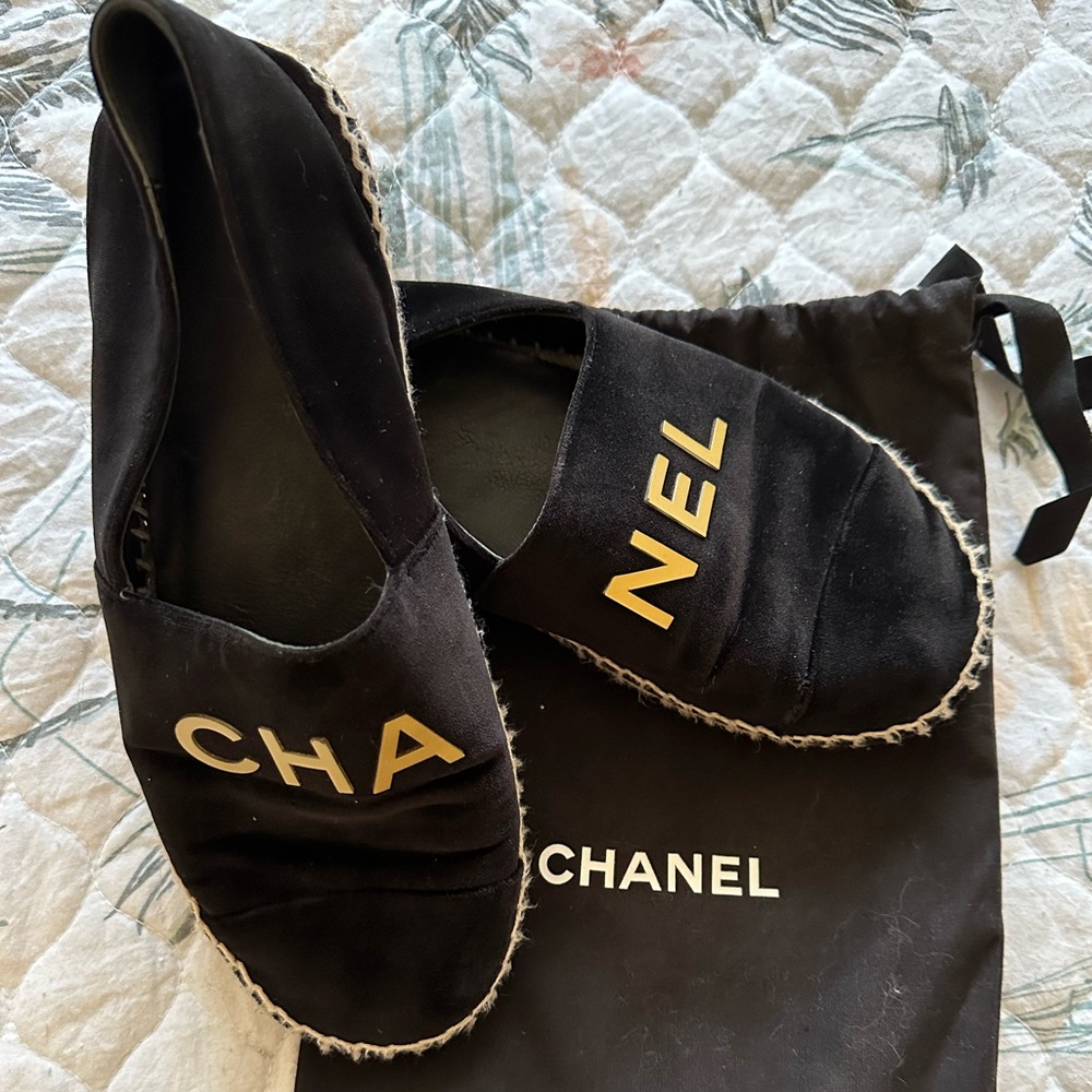 Authentic Chanel black velvet espadrilles
